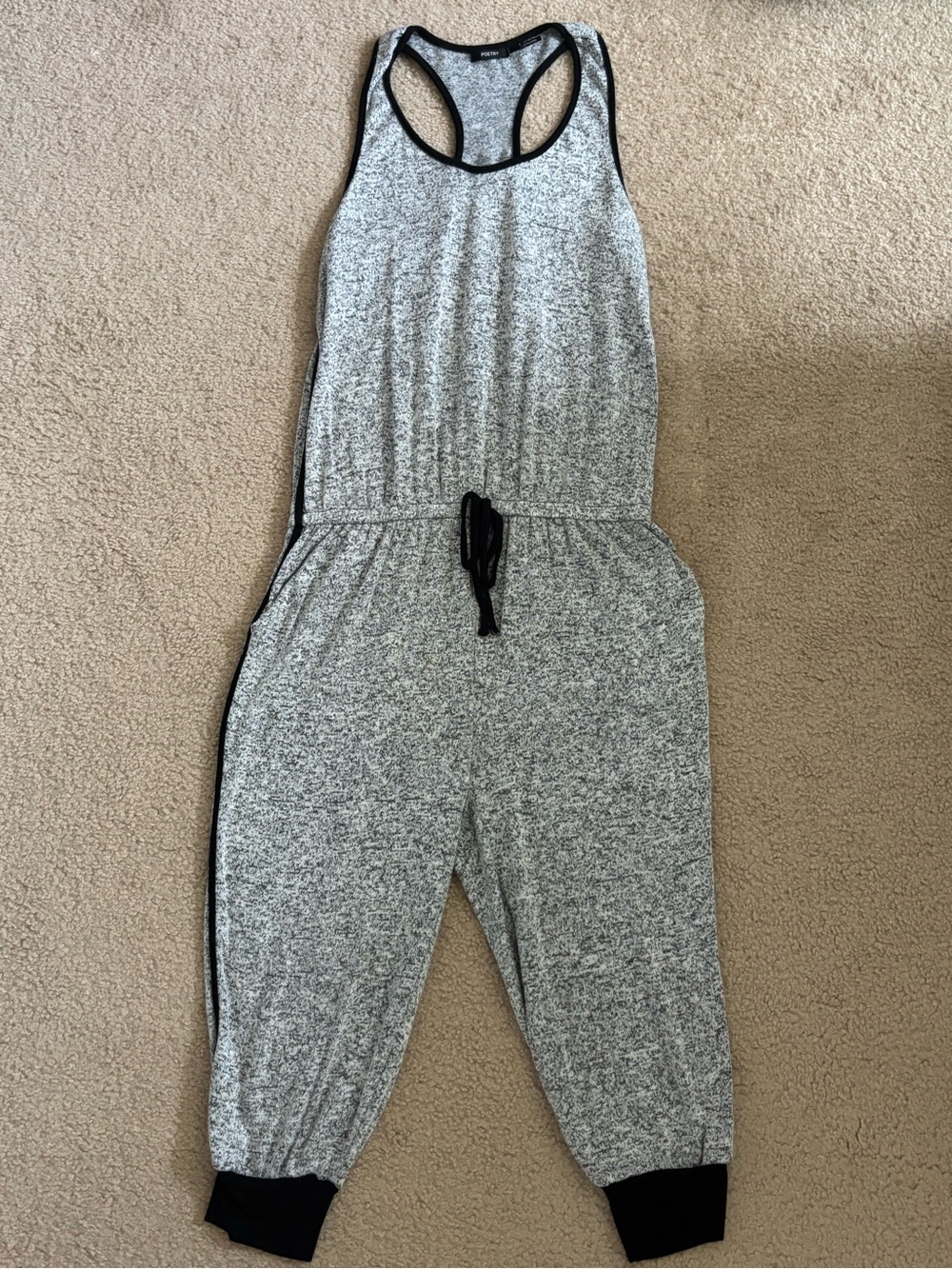 Heather Gray Racerback Jumpsuit with Black Trim and Front Drawstring